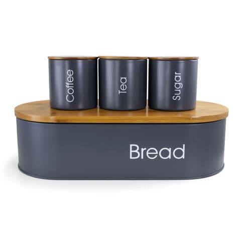 Wood Kitchen Countertop 4 Piece Metal Bread Basket and Canister Set with Lids