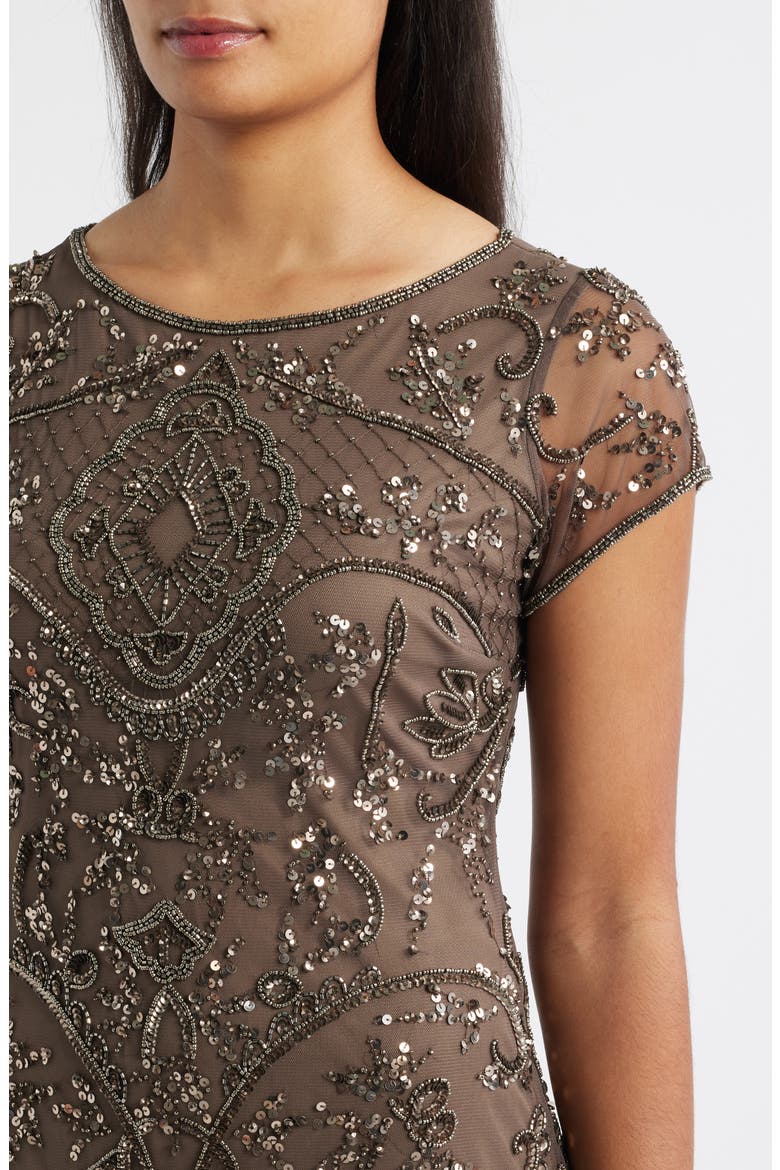 Beaded Mesh Midi Cocktail Dress, Alternate, color, DARK MOCHA 278