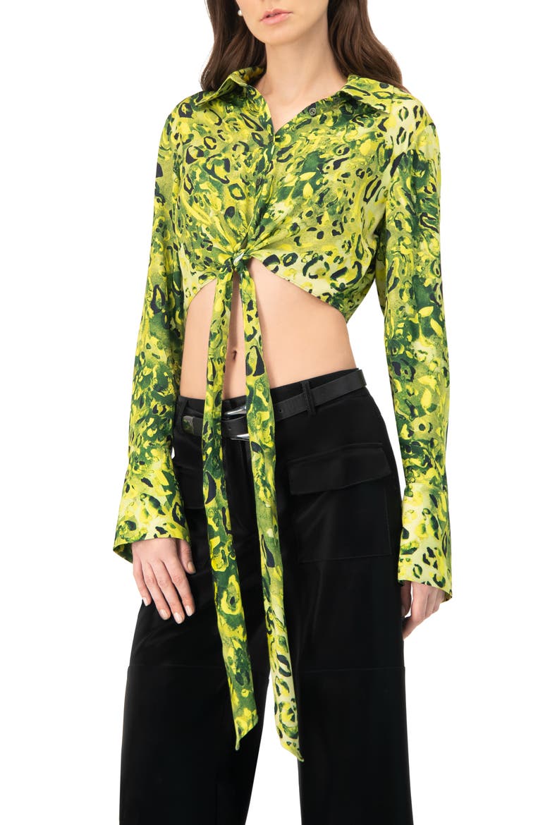 Cropped Animal Print Shirt With Waist tie, Main, color, Green