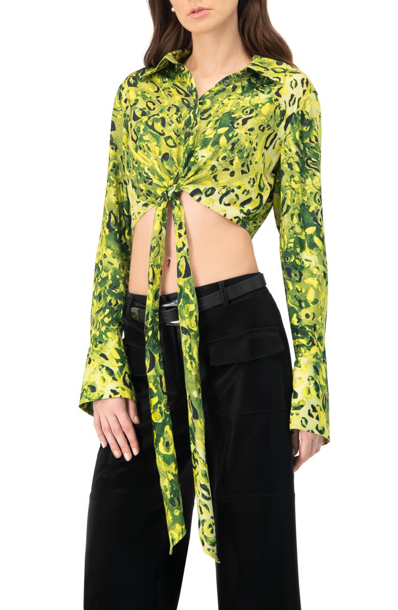 IVONNE Cropped Animal Print Shirt With Waist tie, Main, color, Green
