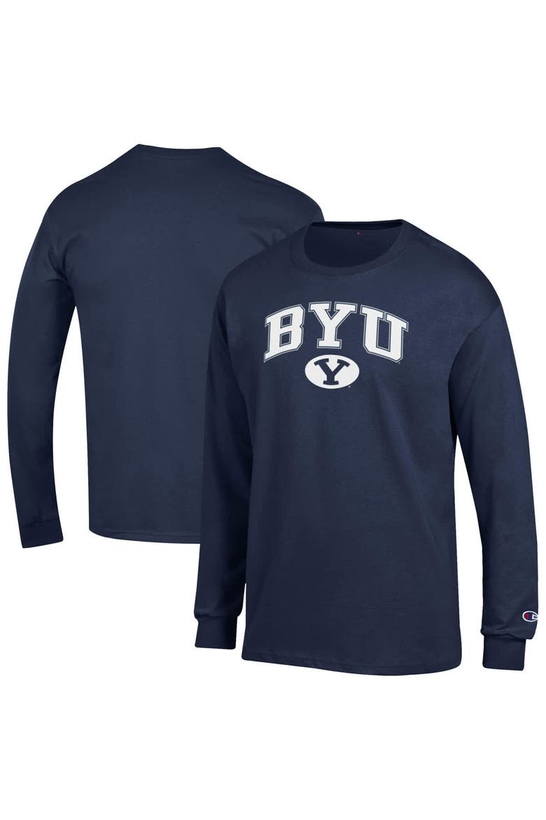 Men's Champion  Navy BYU Cougars Arch Over Logo Long Sleeve T-Shirt, Alternate, color, Navy