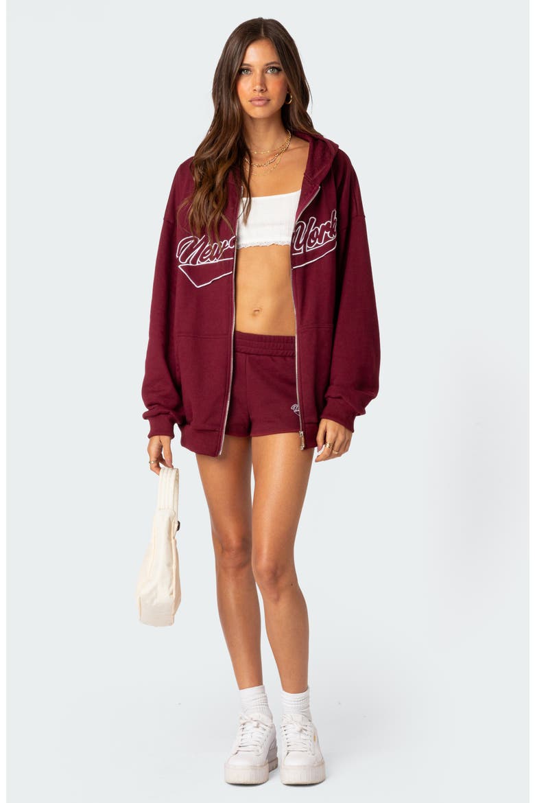 New York Oversize Front Zip Cotton Blend Hoodie, Alternate, color, BURGUNDY