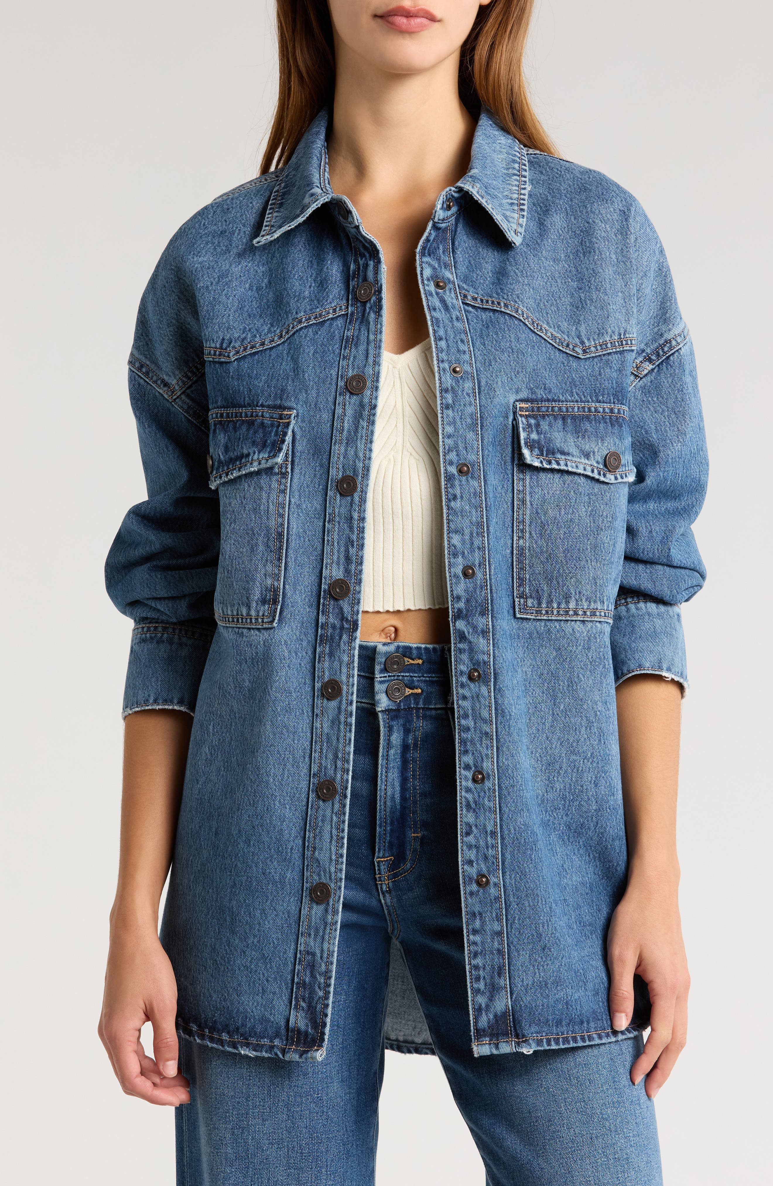 HIDDEN JEANS Oversize Western Denim Button-Up Shirt in Medium Wash 
