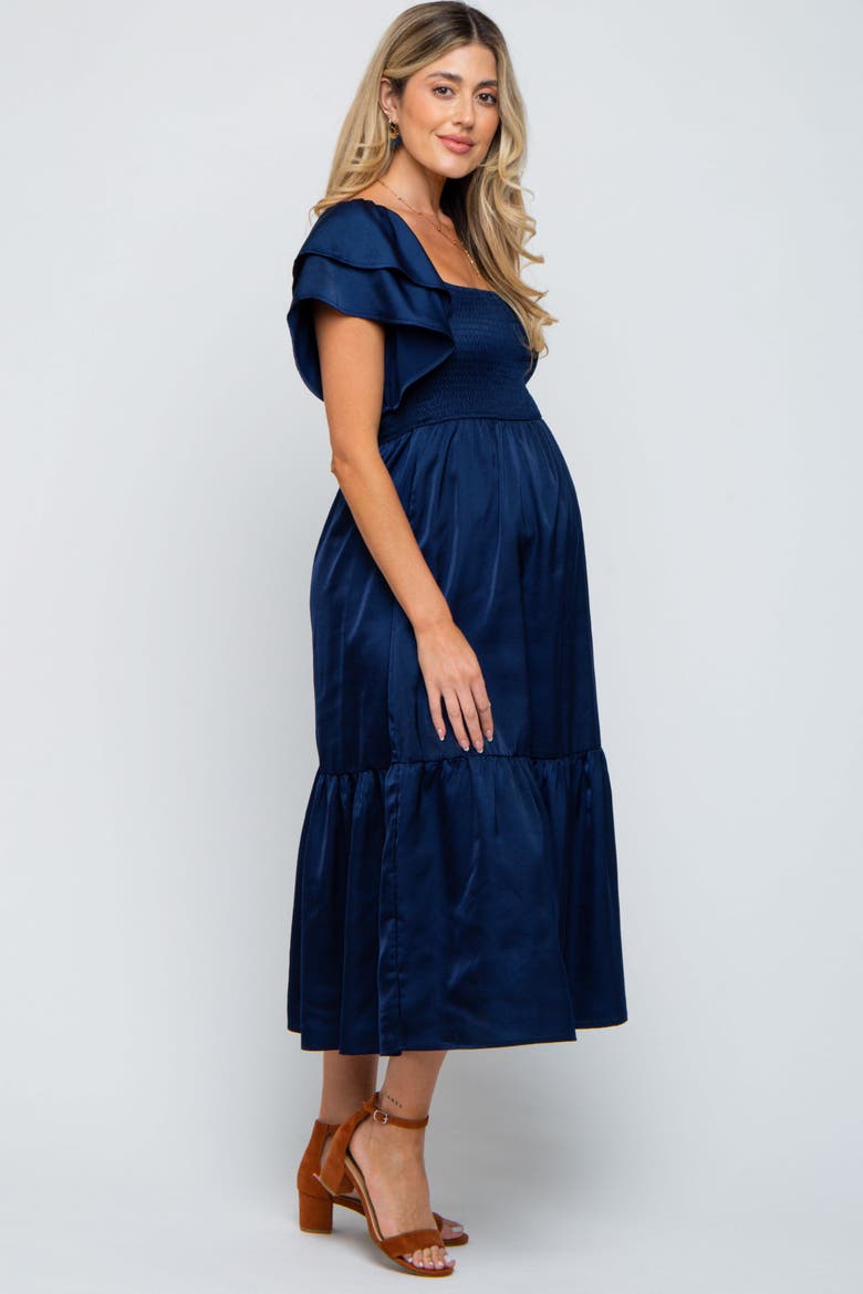 Satin Flutter Sleeve Midi Dress, Alternate, color, Navy Blue