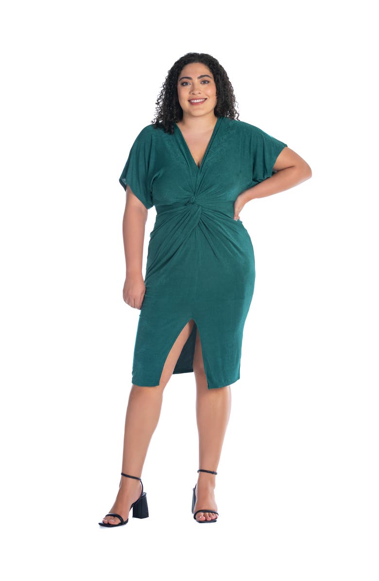 24seven Comfort Apparel Short Sleeve V-Neck Twist Front Split Hem Dress, Main, color, Hunter