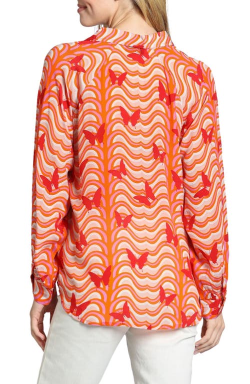Apny Butterfly Print Johnny Collar Top In Orange