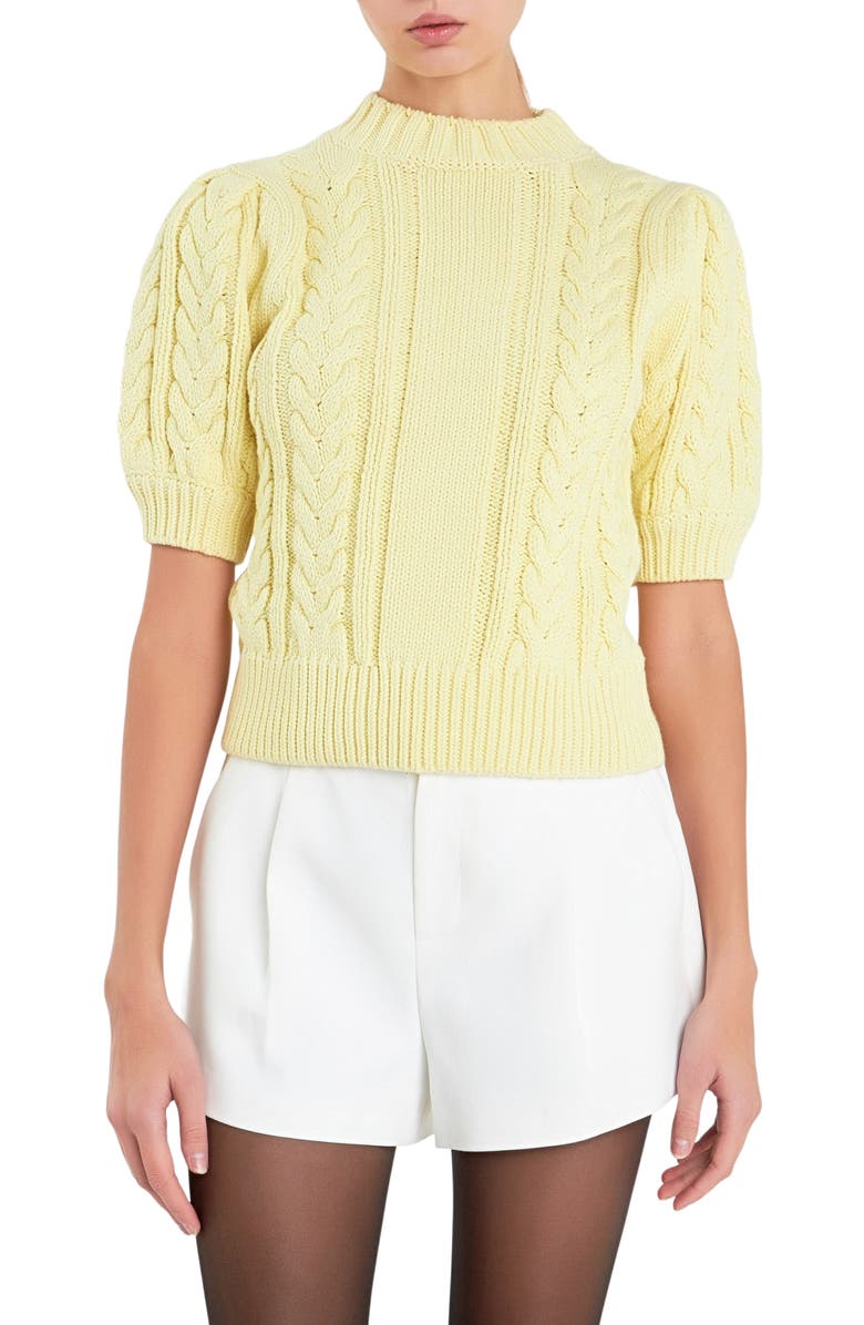 English Factory Mock Neck Cable Stitch Sweater, Main, color, Lemon