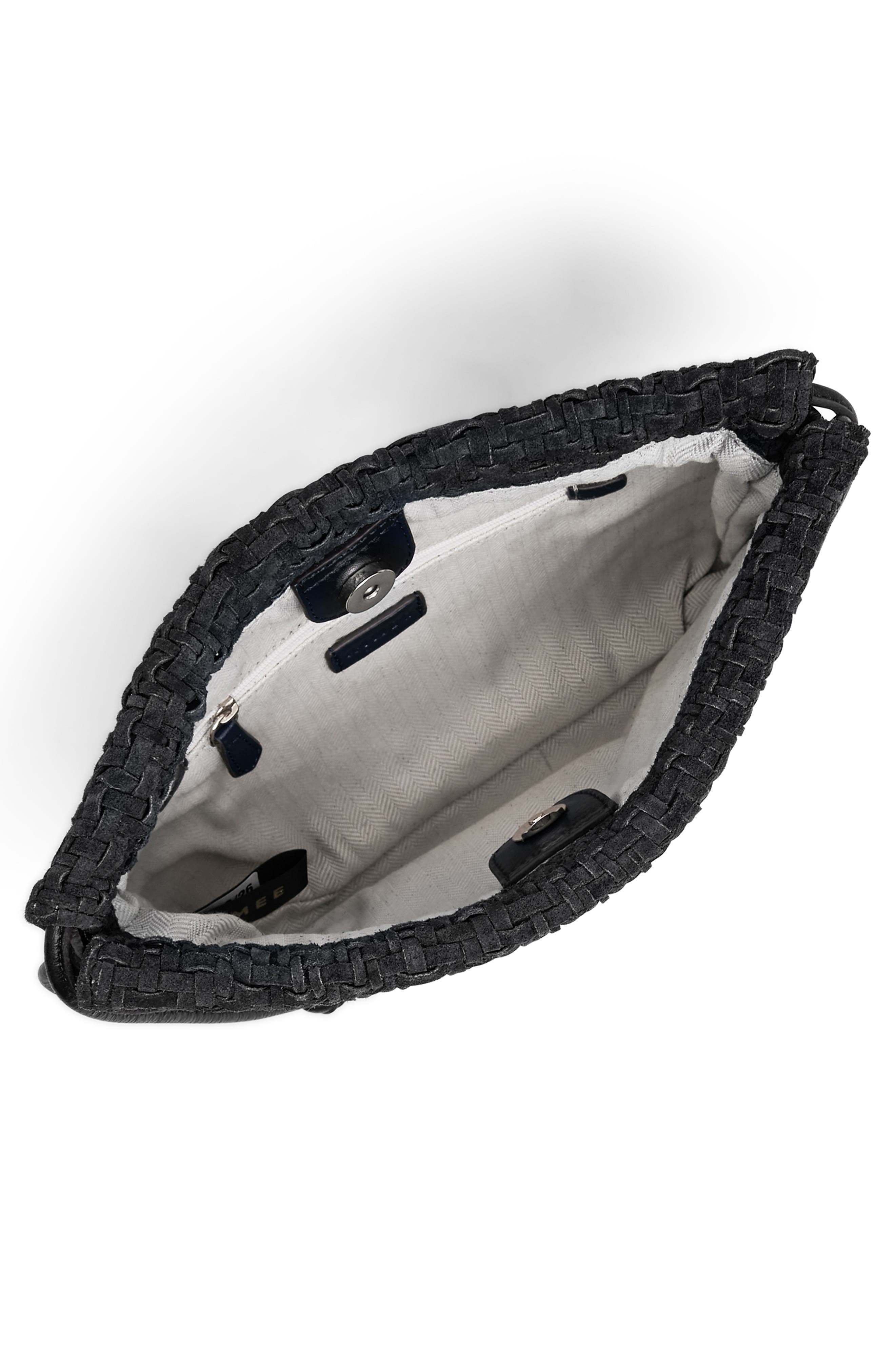AIMEE Tie Breaker Shoulder Bag, Alternate, color, Black Woven Suede