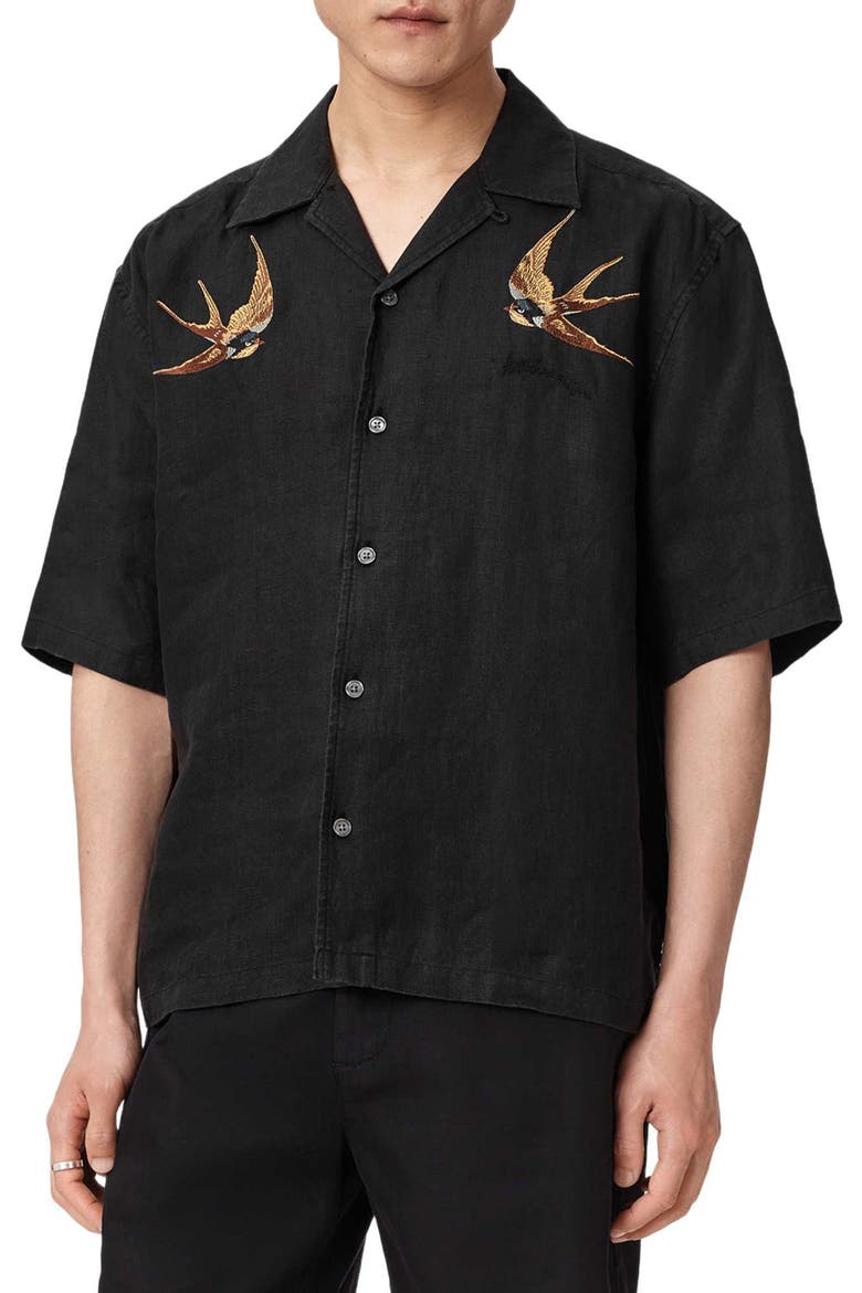 Avia Bird Embroidered Linen Camp Shirt, Main, color, ORCA BLACK