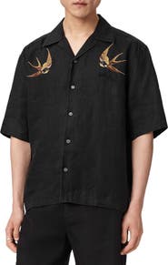AllSaints Avia Bird Embroidered Linen Camp Shirt