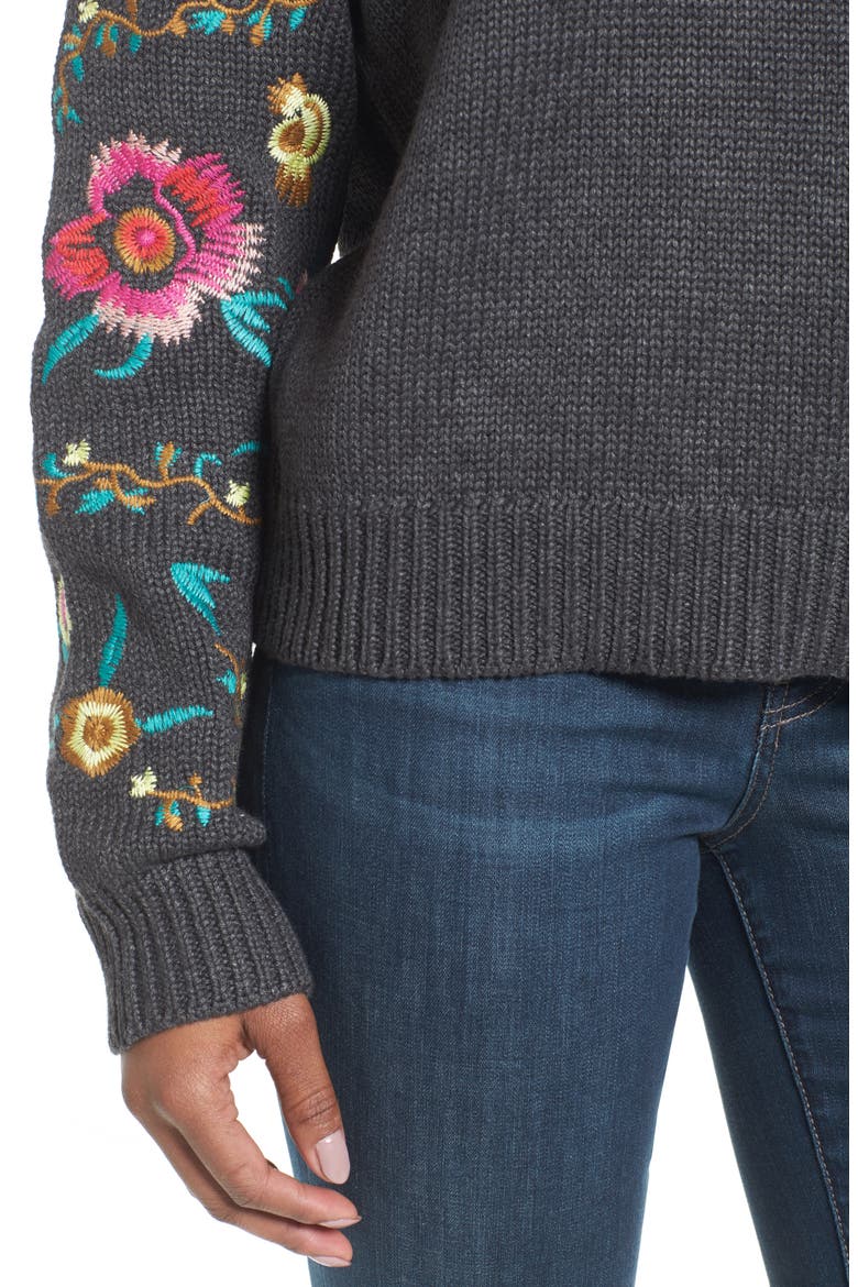 Floral Sleeve Sweater, Alternate, color, GREY