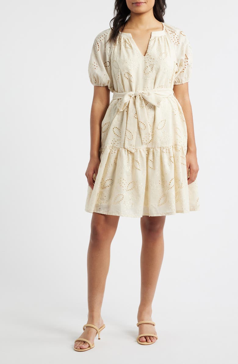 Julia Jordan Eyelet Puff Sleeve Minidress, Main, color, Ivory