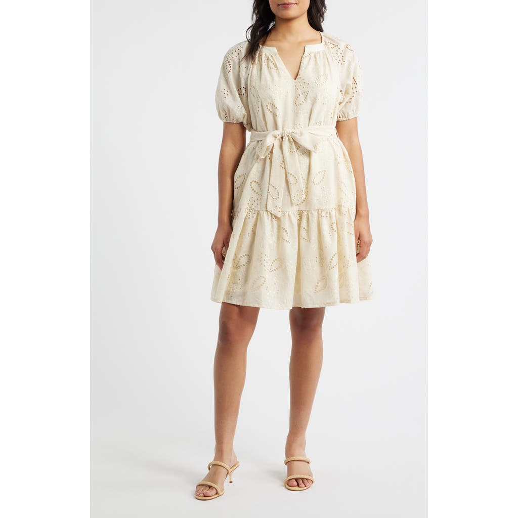 Julia Jordan Eyelet Puff Sleeve Minidress In Neutral