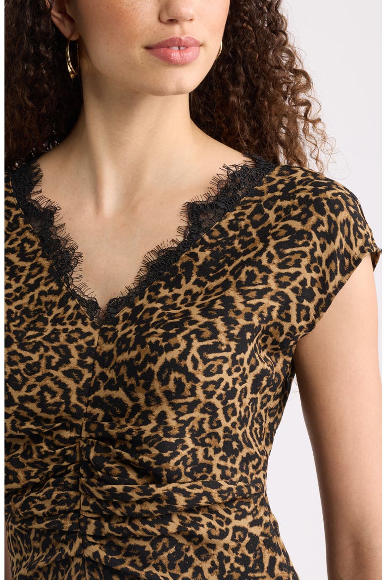 Lace Trim Ruched Top, Alternate, color, TAN- BLACK LEONE LEOPARD