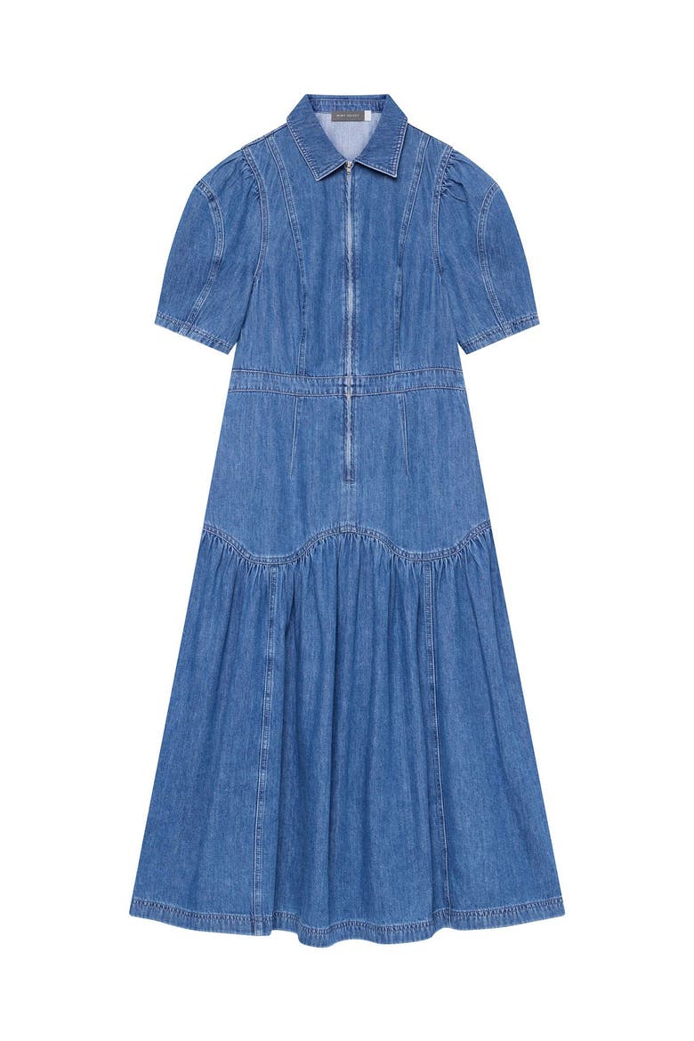 Puff Sleeve Denim Midi Dress, Alternate, color, Blue