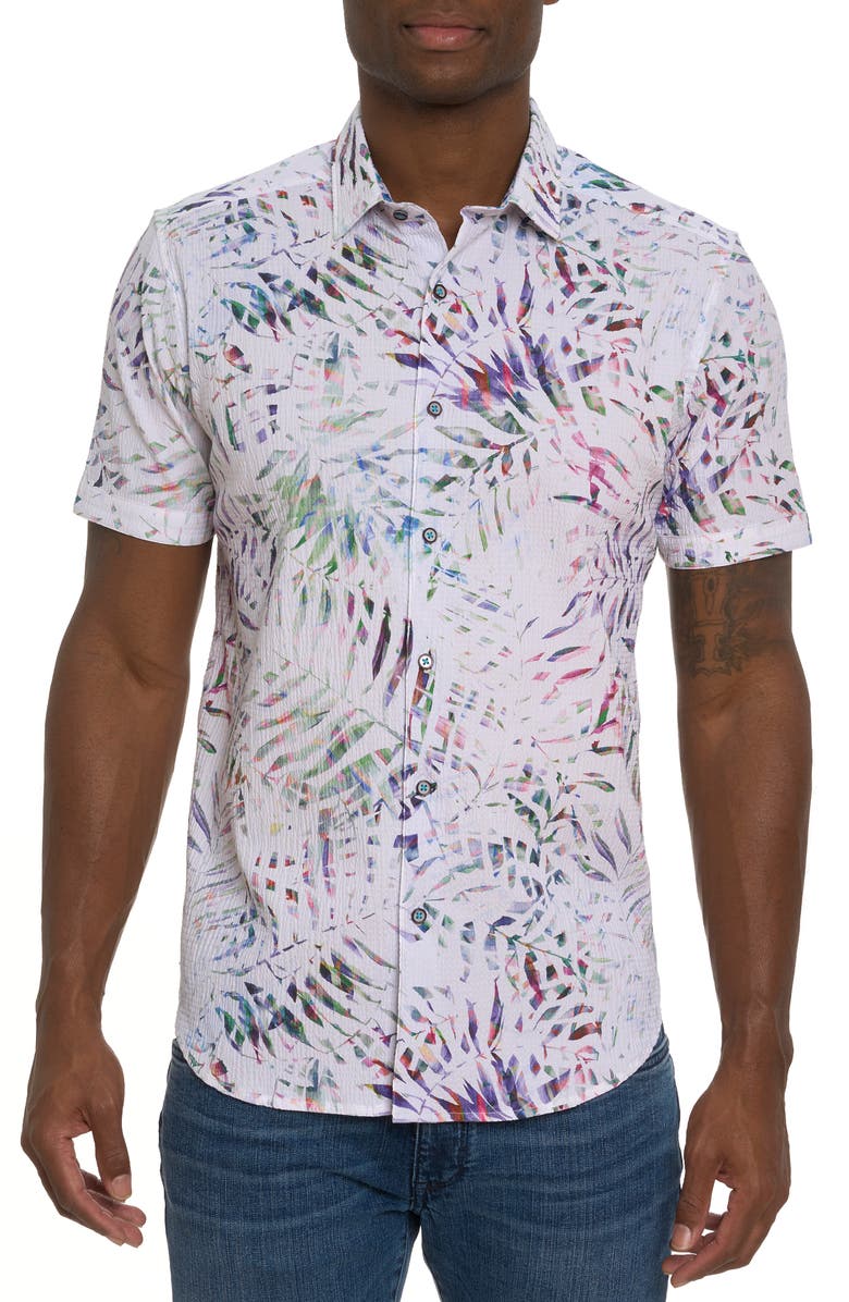 Robert Graham The Roxy Seersucker Short Sleeve Button-Up Shirt, Main, color, White Multi Purple Print