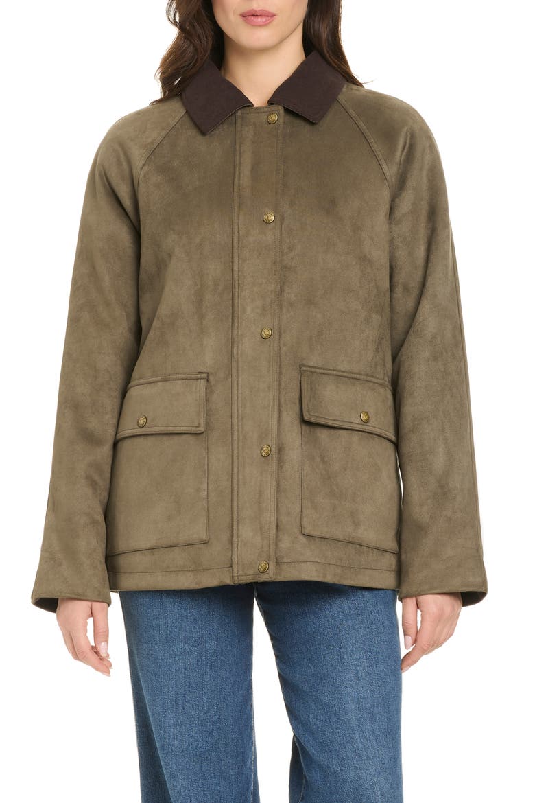 Cord Collar Faux Suede Barn Jacket, Main, color, OLIVE