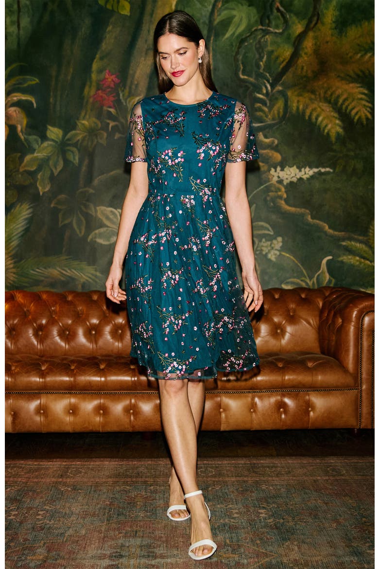 Embroidered Floral Mesh Fit-Flare Dress, Alternate, color, Teal