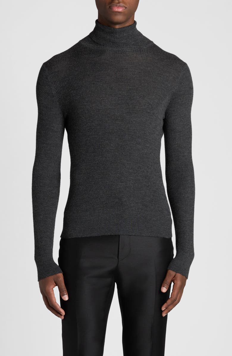 TOM FORD Wool, Silk & Cashmere Rib Turtleneck Sweater, Main, color, Ig721 Charcoal Melange