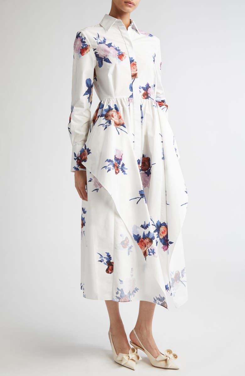 Erdem Long Sleeve Organic Cotton Poplin Shirtdress, Alternate, color, Painted Rose Bouquet White