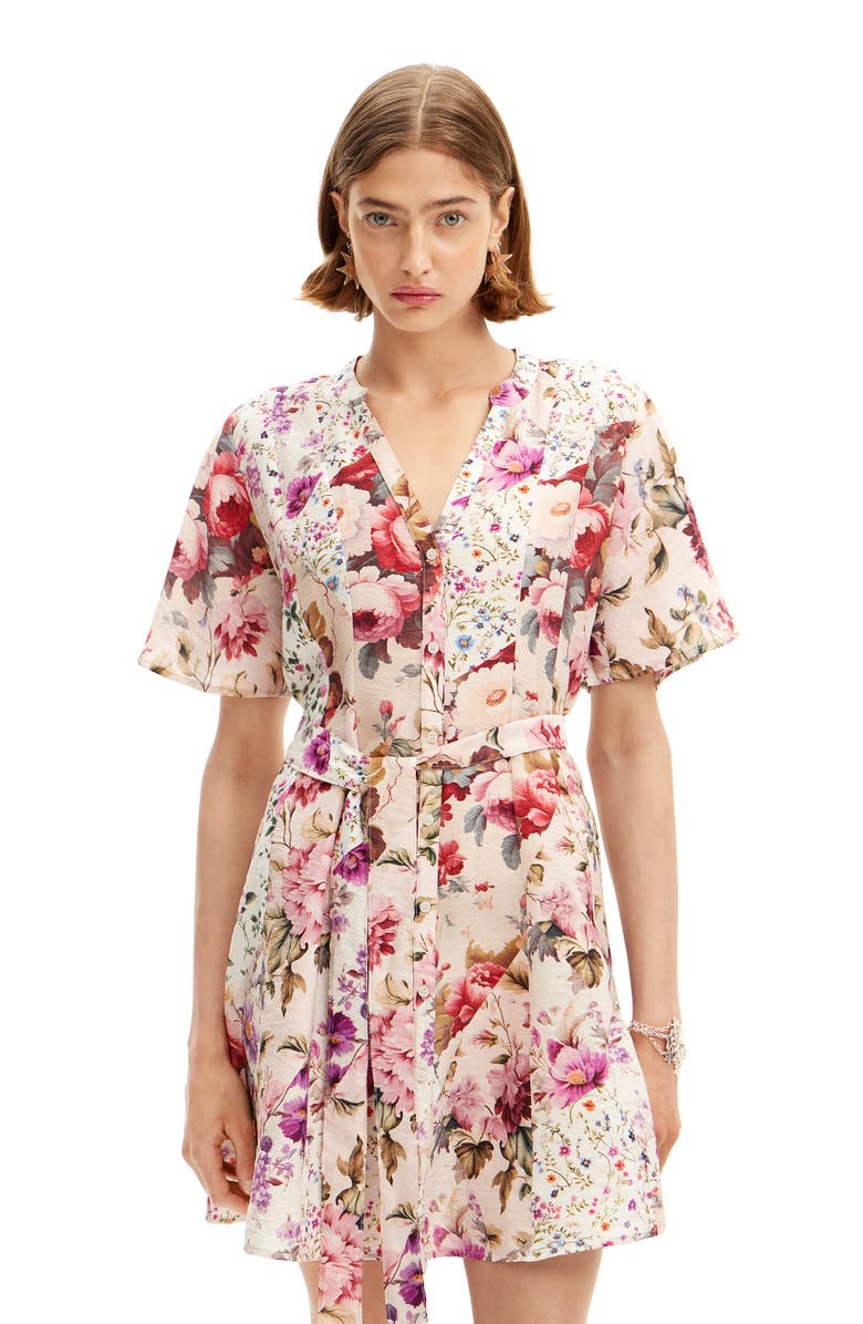 Desigual Camisero Cintu Floral Print Minidress, Alternate, color, Mix Floral/ Ivory