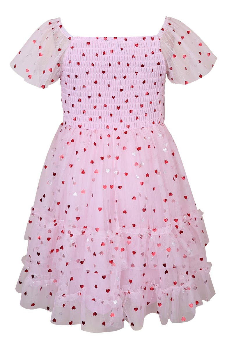 Zunie Kids' Heart Mesh Tiered Dress, Alternate, color, Blush/ Red