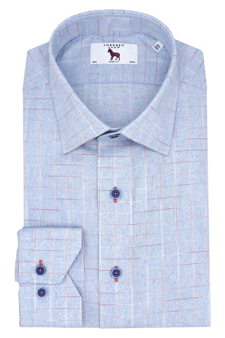 Trim Fit Windowpane Check Cotton Blend Dress Shirt, Main, color, LIGHT BLUE