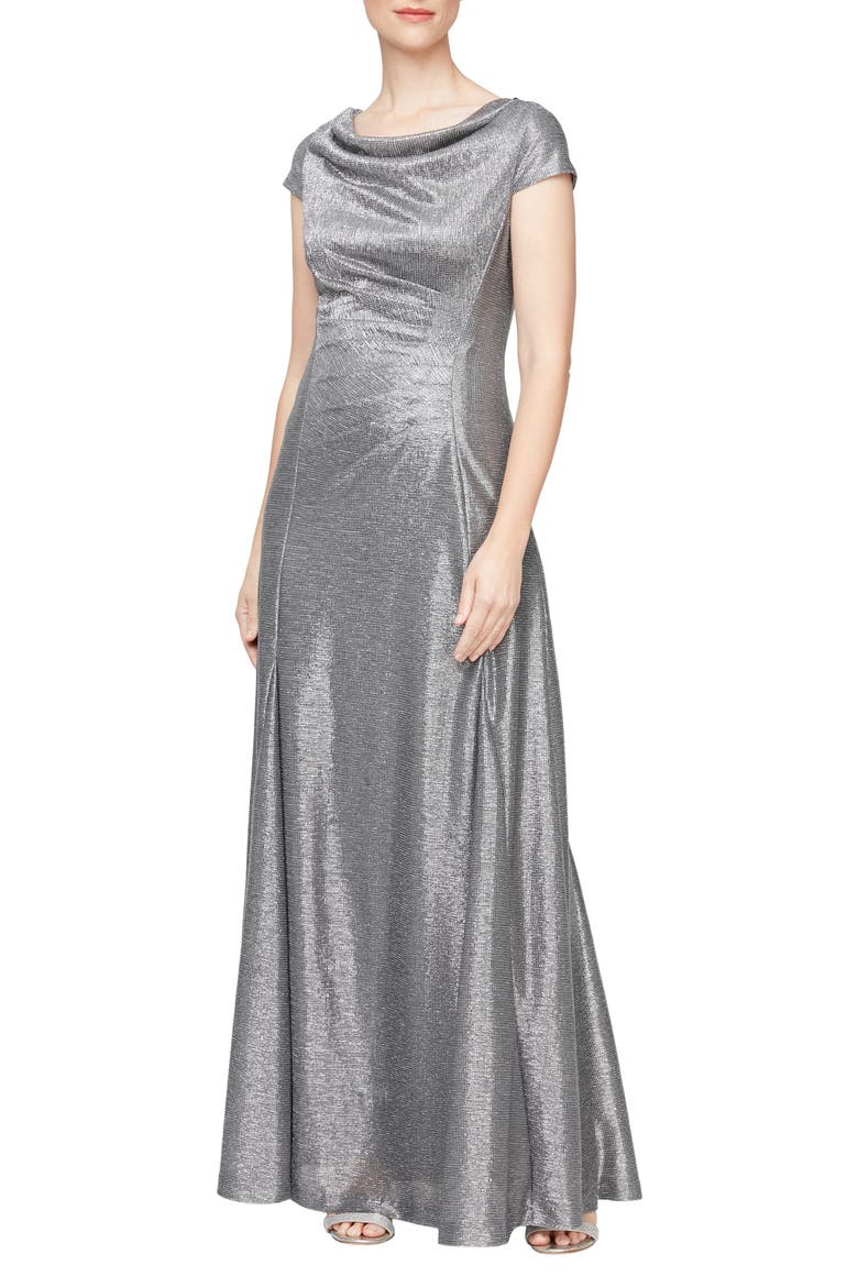 Metallic Cap Sleeve A-Line Gown, Main, color, SMOKE