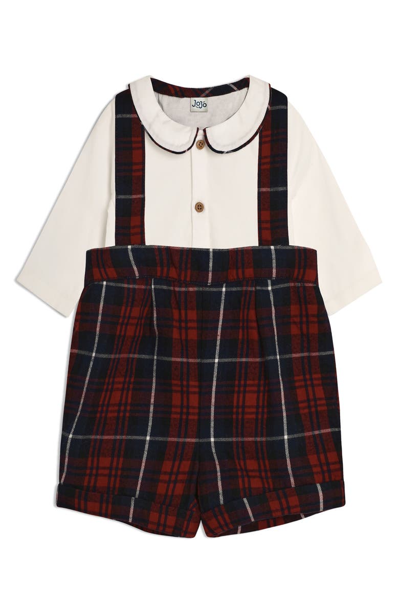JOJO MAMAN BEBE Peter Pan Collar Bodysuit & Plaid Suspender Shorts Set, Main, color, 