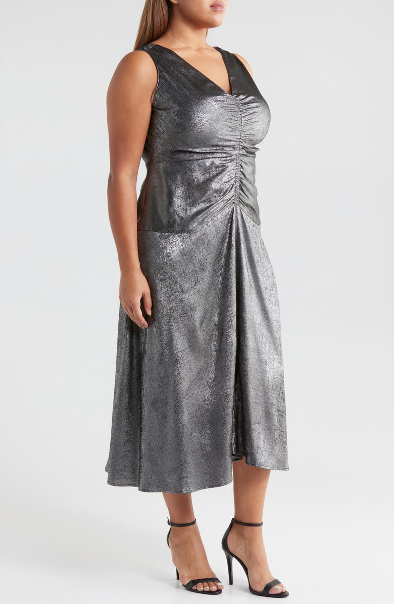 MELLODAY Ruched Metallic Sleeveless Maxi Dress, Alternate, color, Silver