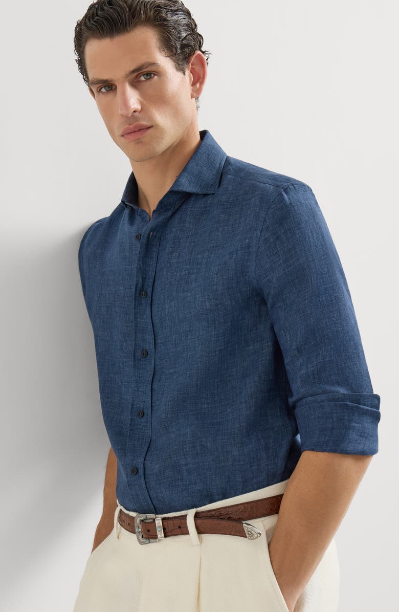 Brunello Cucinelli Délavé linen shirt, Alternate, color, Navy Blue