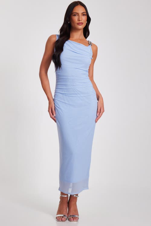 Quiz Mesh One Shoulder Chain Detail Maxi Dress In Pale Blue