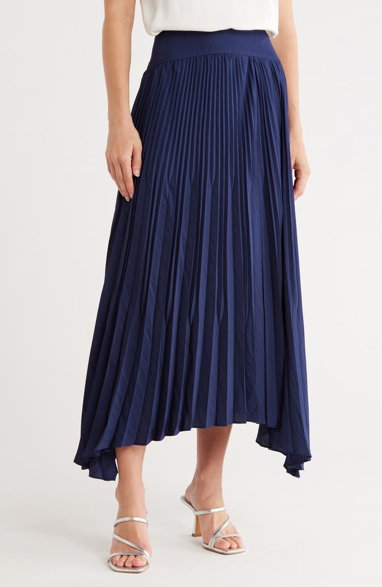 Ramy Brook Winifred Pleated Asymmetric Maxi Skirt, Main, color, Spring Navy