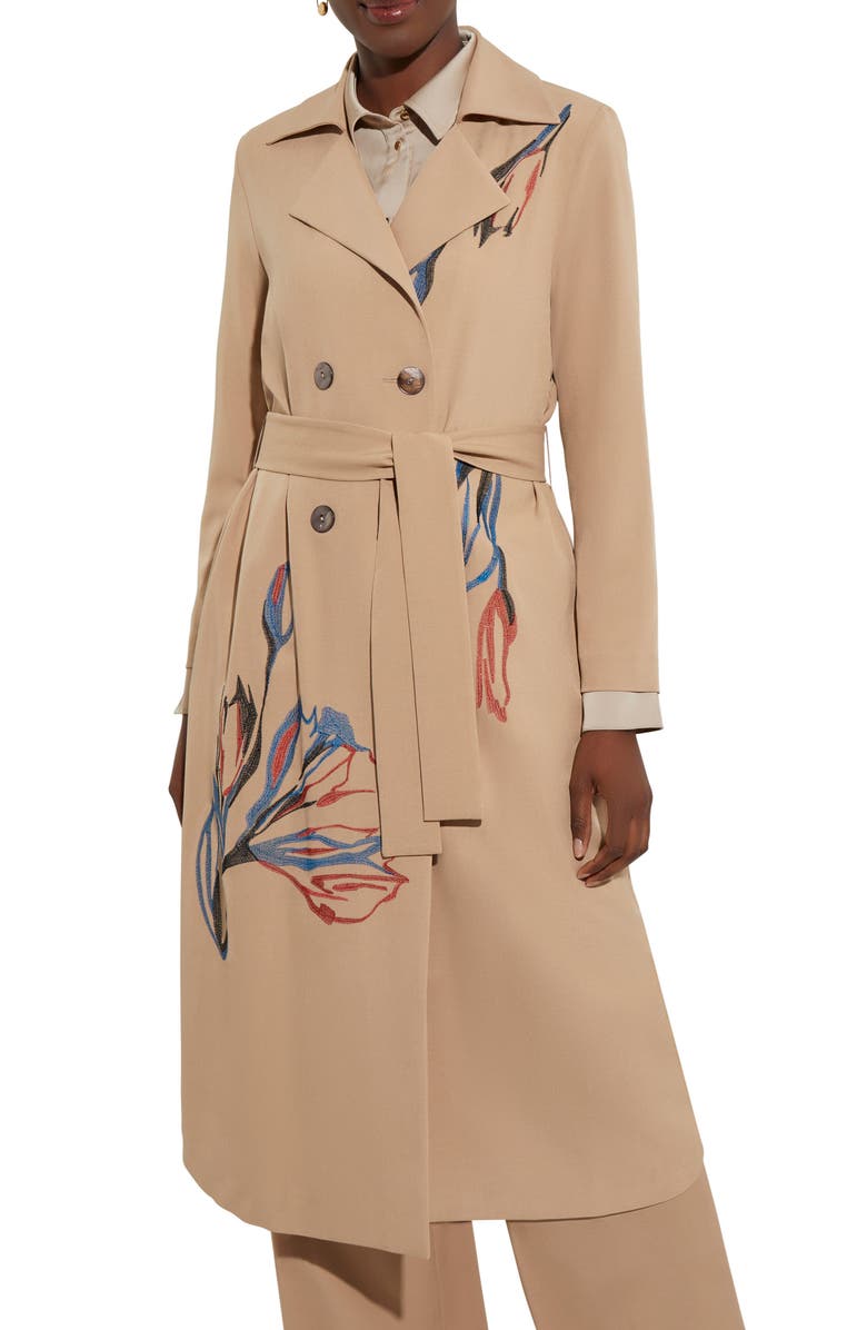 Misook Floral Embroidered Belted Double Breasted Trench Coat, Main, color, 