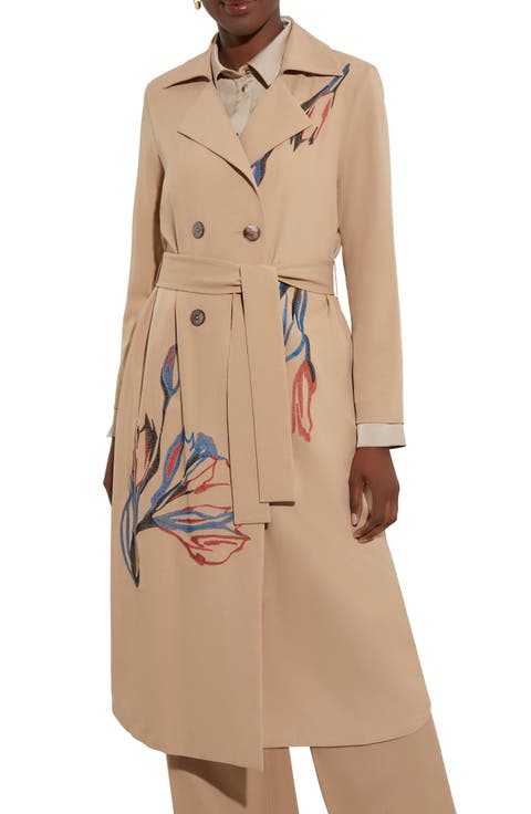 Floral Embroidered Belted Double Breasted Trench Coat