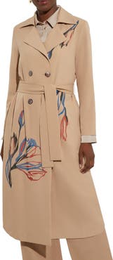 Misook Floral Embroidered Belted Double Breasted Trench Coat