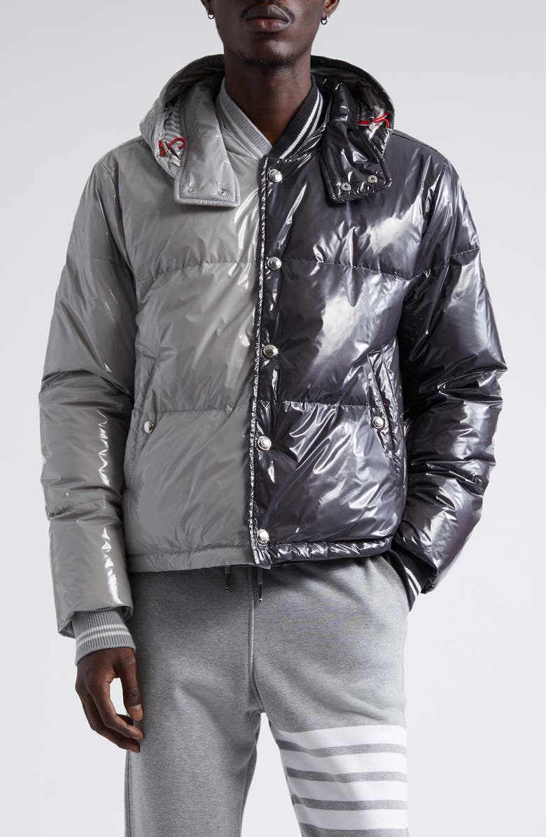 Thom Browne Colorblock Down Puffer Jacket with Removable Hood, Main, color, Light Grey