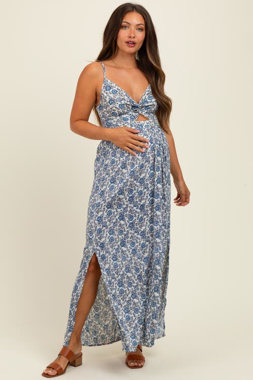 Pinkblush Floral V-neck Twist Front Keyhole Maxi Dress In Blue