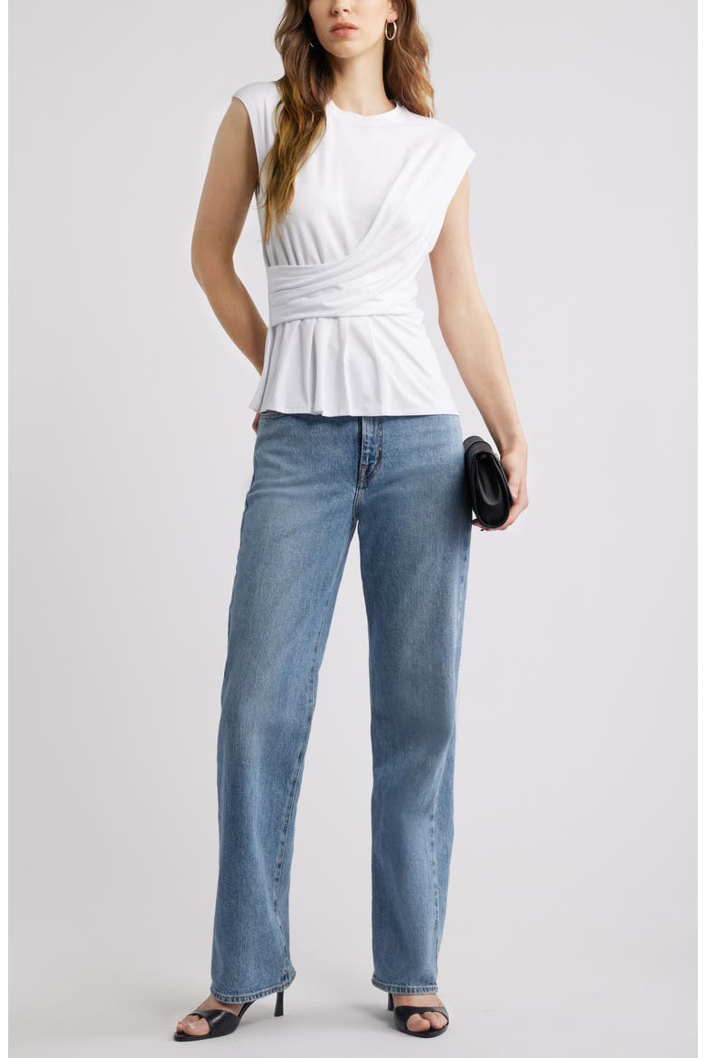 Draped Cap Sleeve Peplum Top, Alternate, color, WHITE