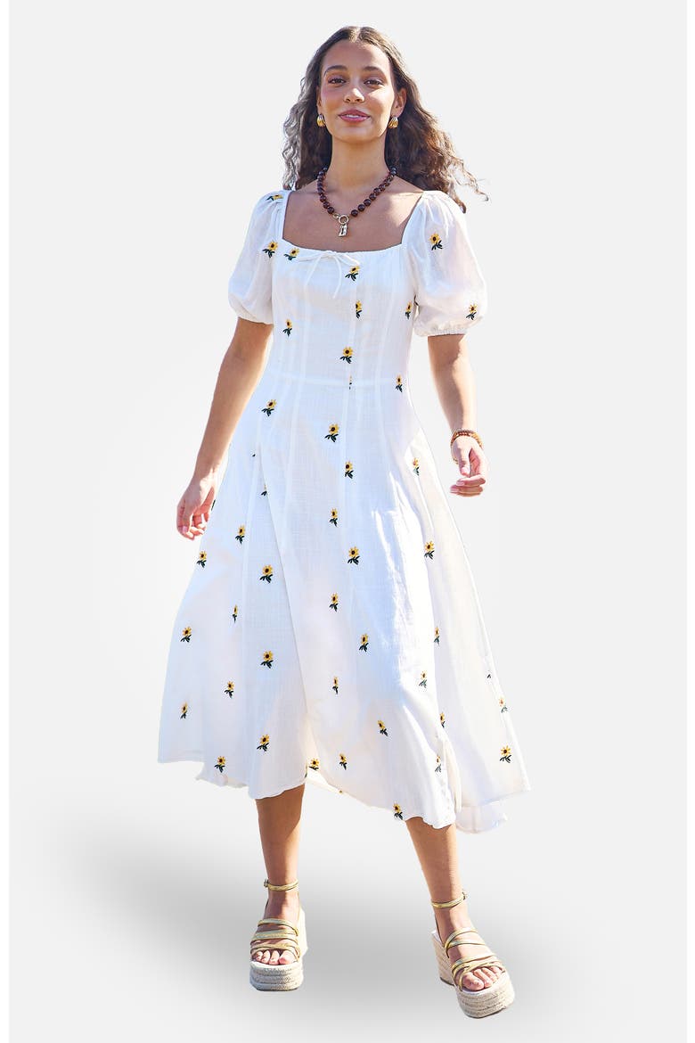 Cotton Sunflower Embroidered Midi Dress, Main, color, White