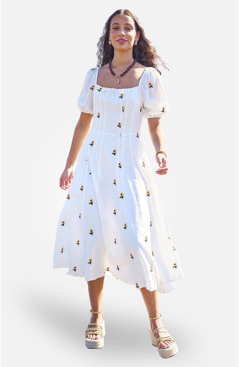 Yumi Cotton Sunflower Embroidered Midi Dress, Main, color, White