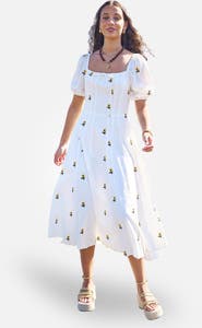 Yumi Cotton Sunflower Embroidered Midi Dress
