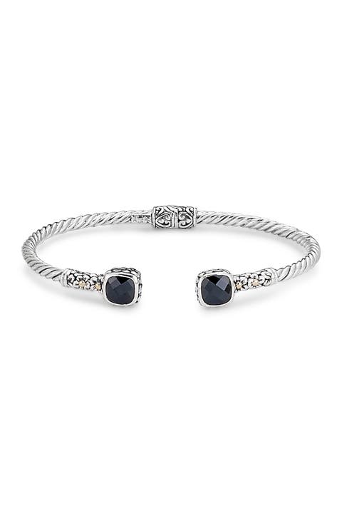 Sterling Silver & 18K Gold Black Spinel Floral Hinged Bangle Bracelet