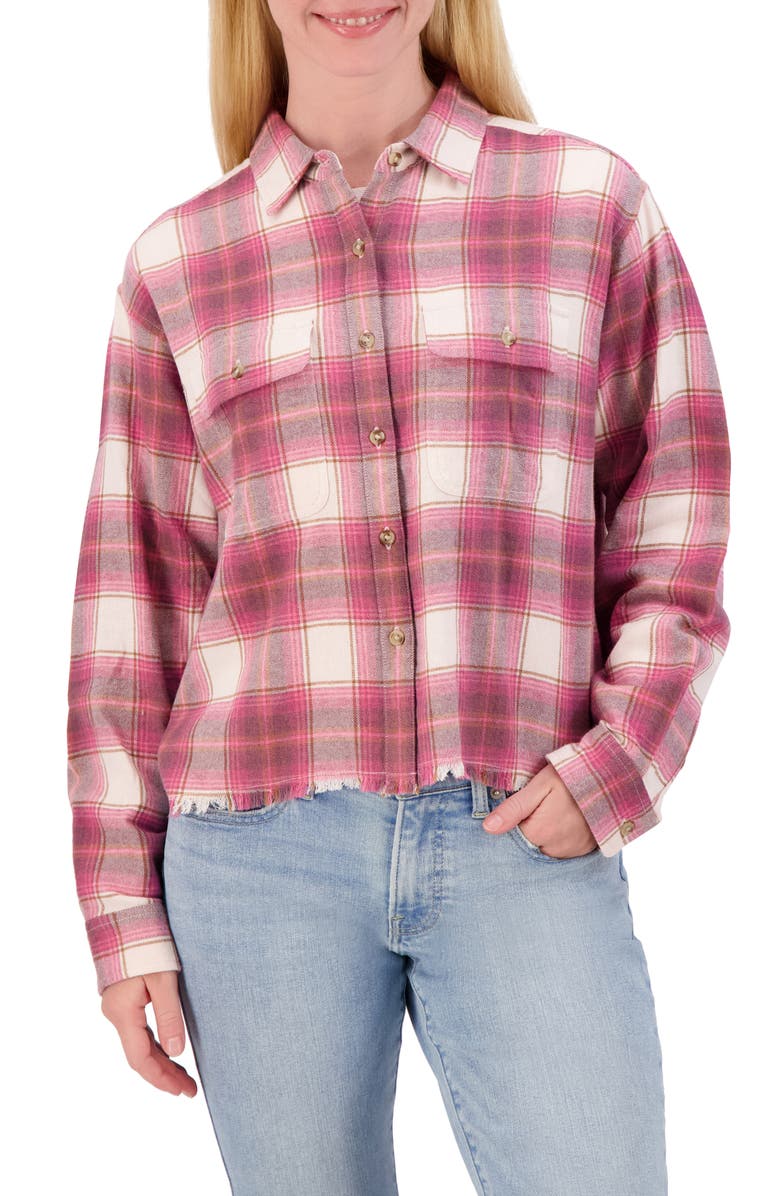Lucky Brand Plaid Raw Edge Button-Up Flannel Shirt, Main, color, Pink Plaid