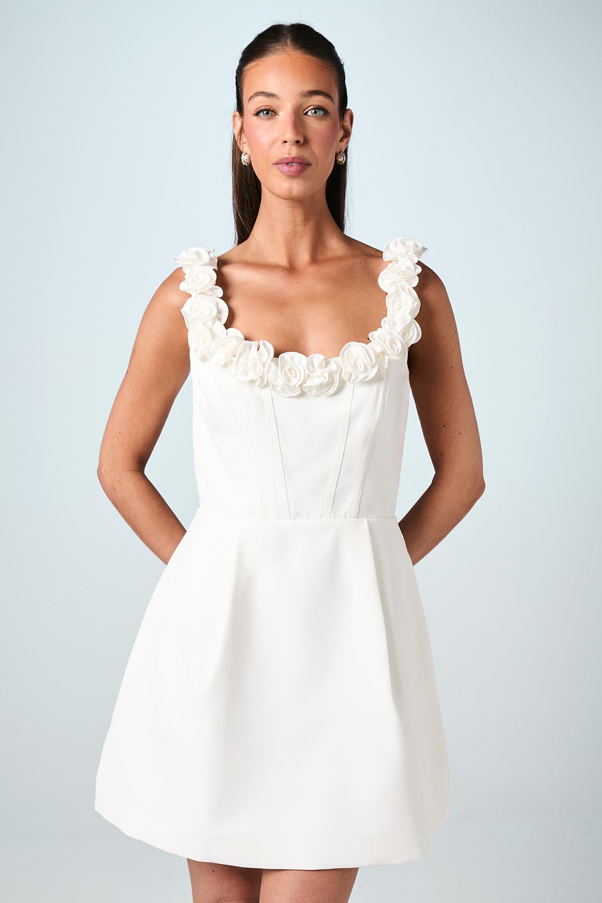 Square Neck 3D Flower Bridal Mini Dress - image 2