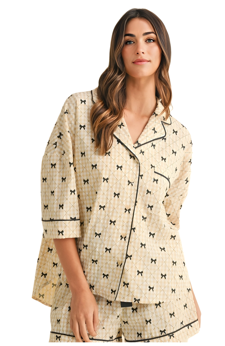 Knit and Lounge Satin Bow Print Pajama Set with Contrast Piping, Alternate, color, 