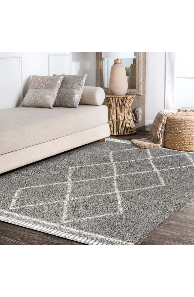 JONATHAN Y Mercer Shag Plush Tassel Moroccan  Geometric Trellis Denim Area Rug, Alternate, color, Gray/Cream