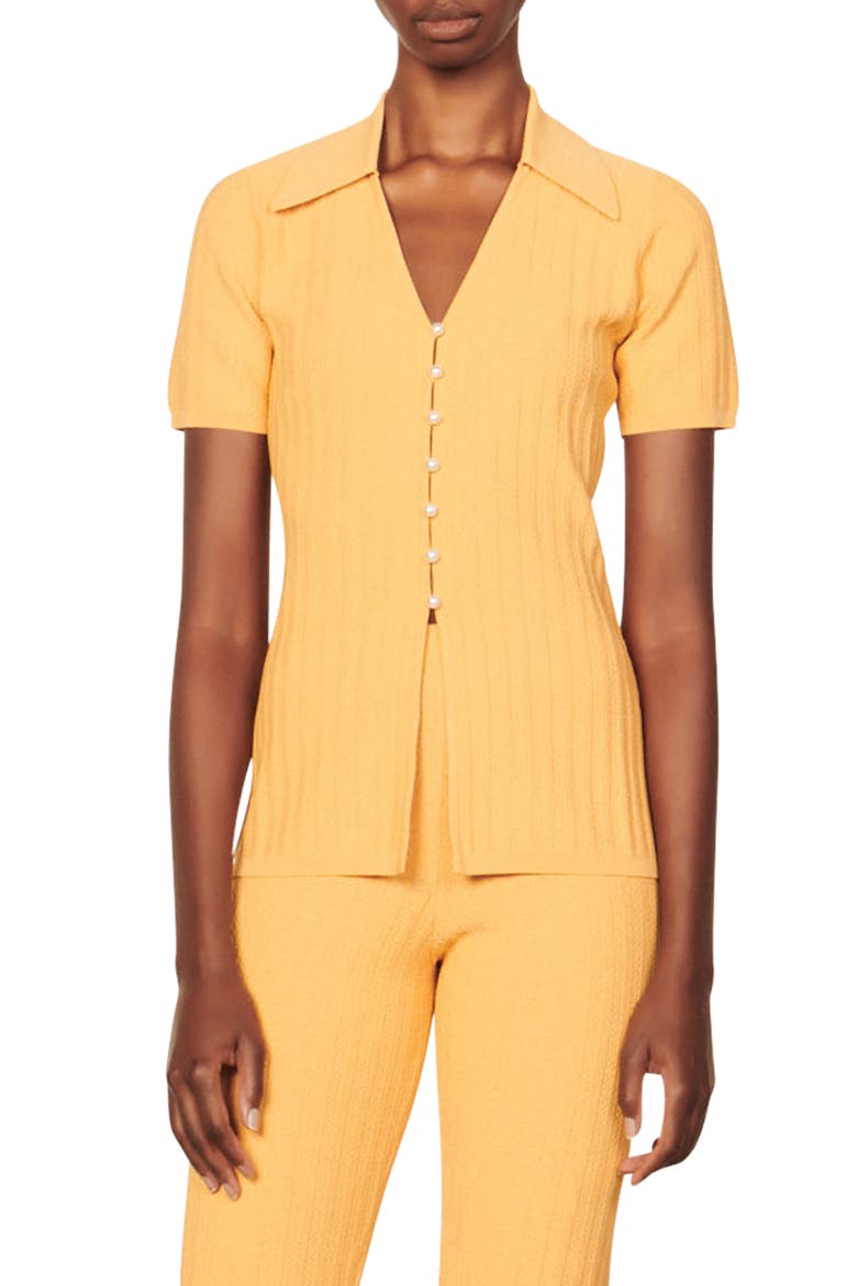 Porto Imitation Pearl Button Top, Main, color, CLEMENTINE