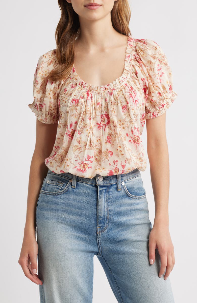 DÔEN Frederica Floral Pleated Organic Cotton Top, Main, color, Fleurs De Provence