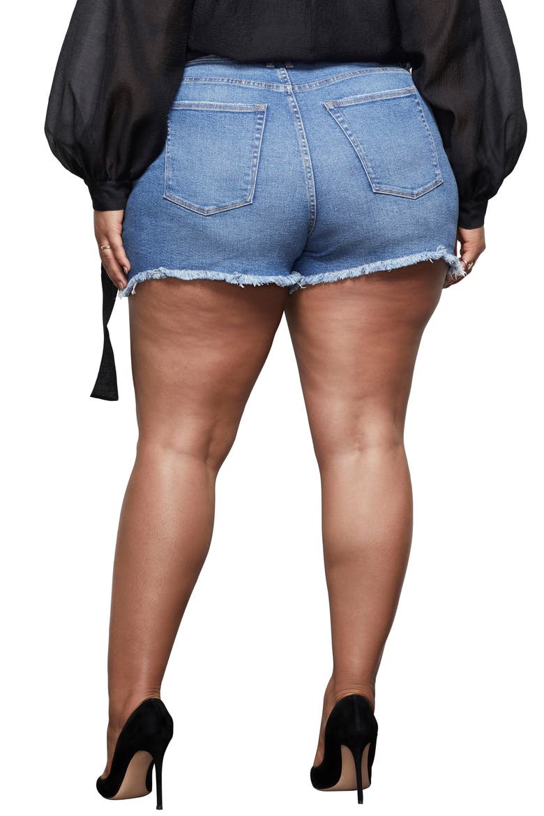 The Bombshell High Waist Exposed Button Cutoff Denim Shorts, Alternate, color, BLUE414
